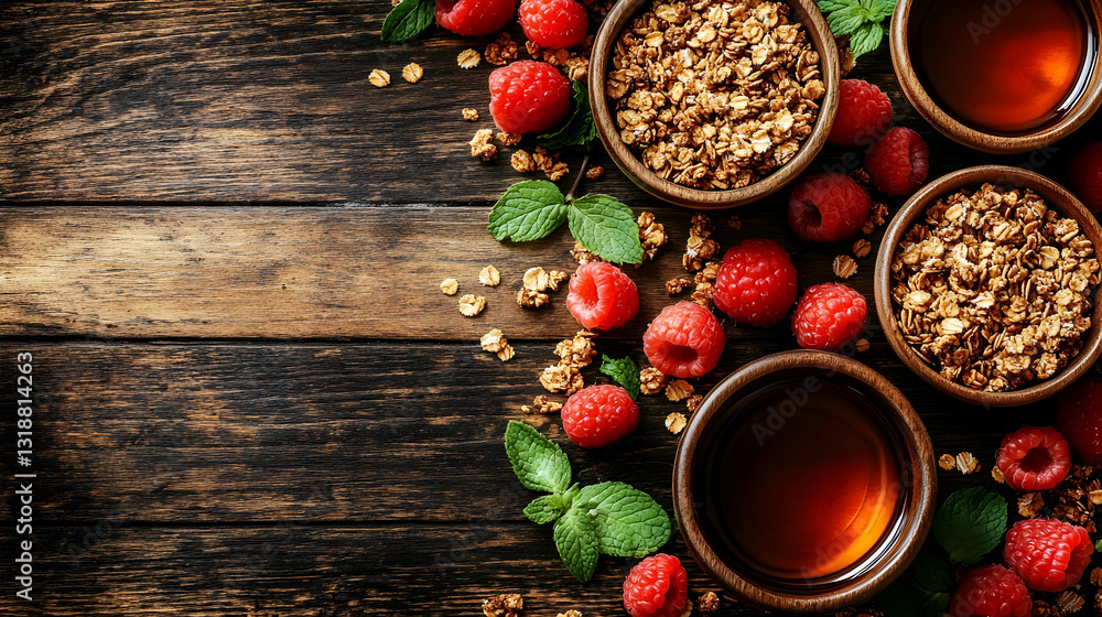 Fresh Raspberries And Granola With Honey On Wooden Background Fresh Raspberries And Granola With Honey On Wooden Background