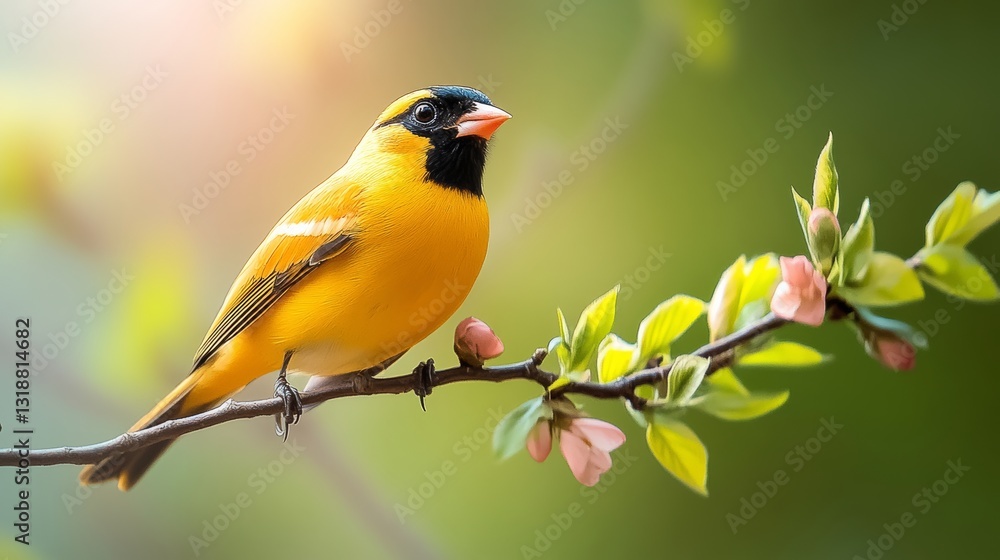 Yellow bird is perched on a branch of a tree. The bird is looking to the right Yellow bird is perched on a branch of a tree. The bird is looking to the right