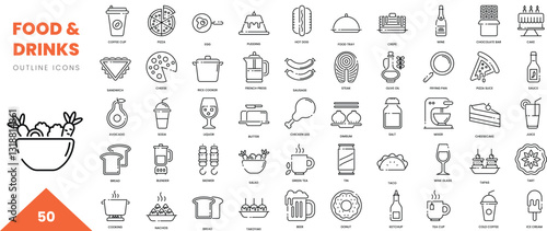 food and drinks outline icon collection. Vector illustration