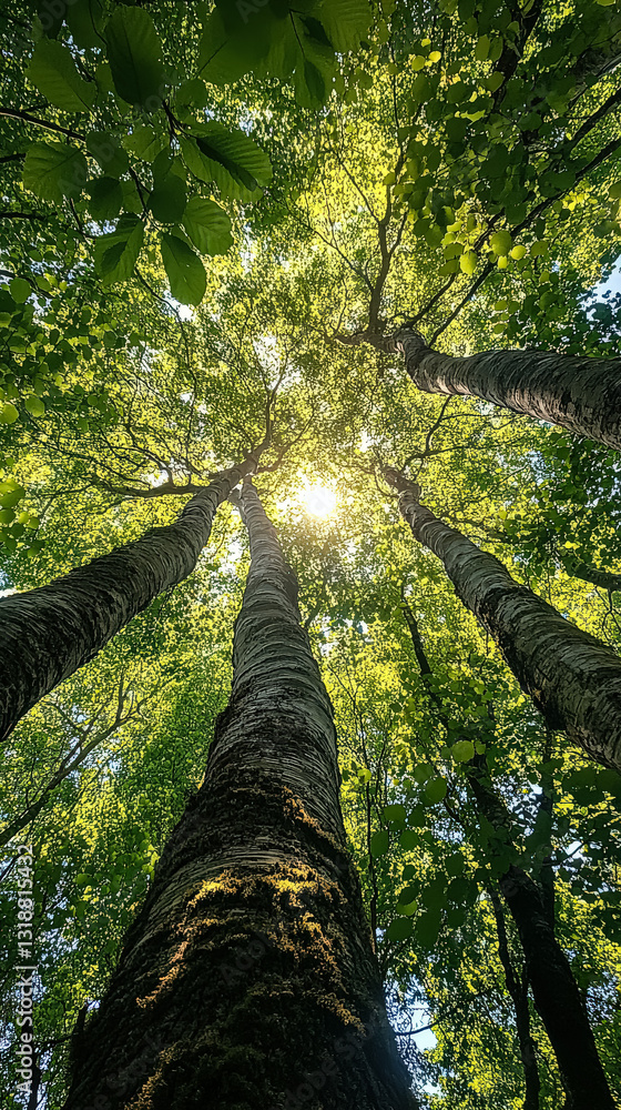 Fototapeta premium Tree with three trunks and leaves is shown in the sunlight. The tree is tall and has a lot of leaves
