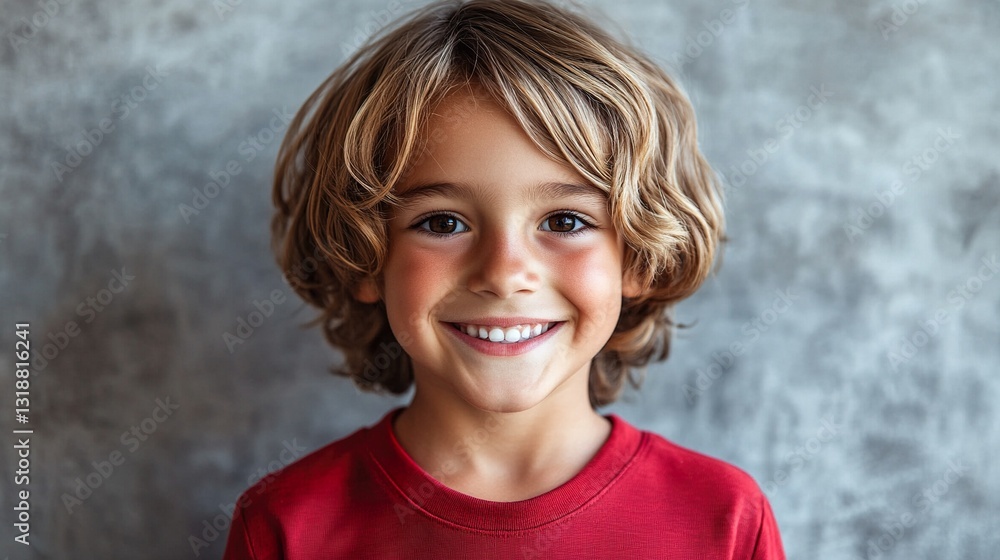 A young boy with red hair and a red shirt is smiling A young boy with red hair and a red shirt is smiling