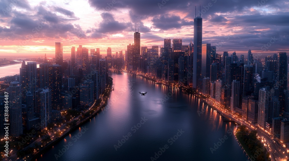 Fototapeta premium Enchanting cityscape at night captured by drone showcasing the illuminated streets and buildings creating a stunning urban atmosphere