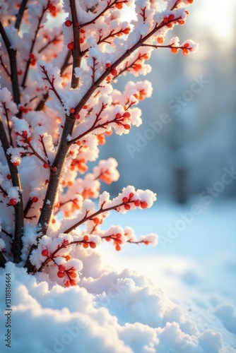 Soft orange branches entwined with snowy landscape, wintersonly, frostyvibes, naturephotography photo