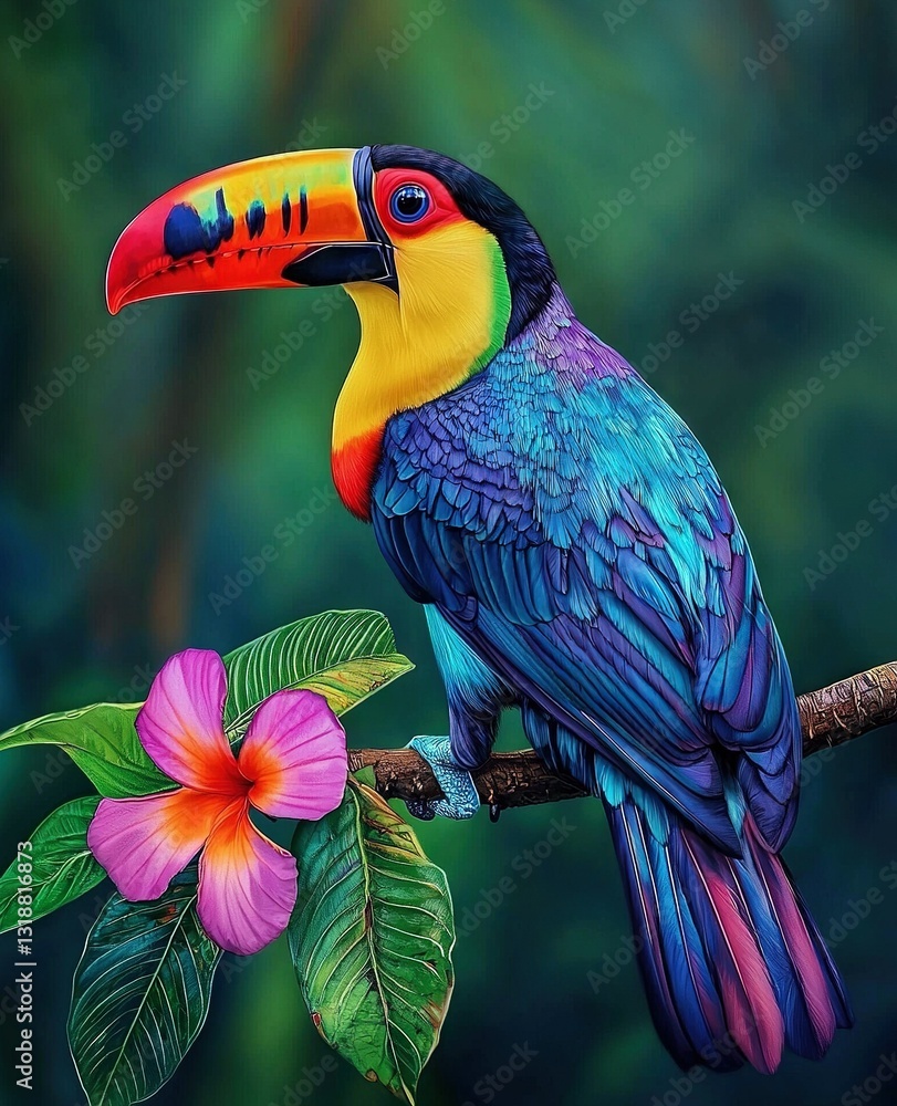 Fototapeta premium A colorful bird perched on a branch with a blooming flower in the foreground and a lush green leaf in the backdrop