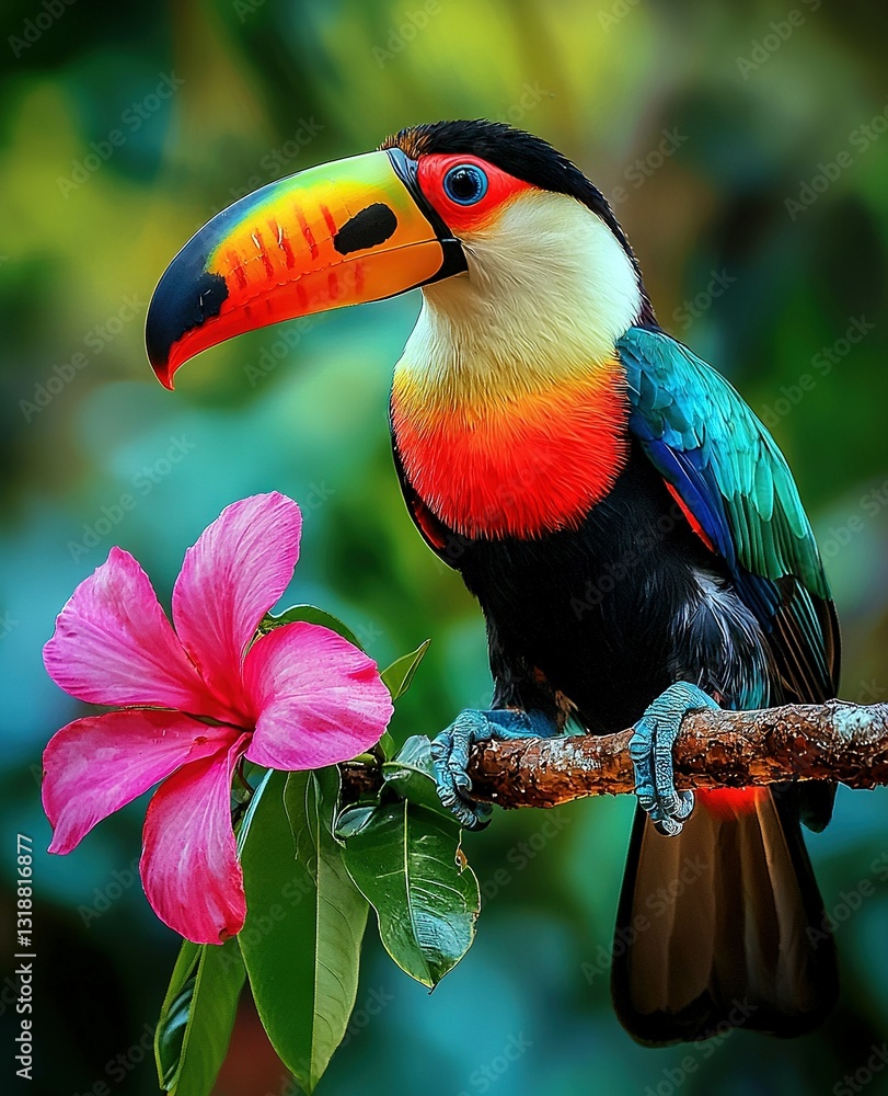 Fototapeta premium A vibrant toucan perched atop a branch with a pink blossom in the foreground and lush green foliage in the background
