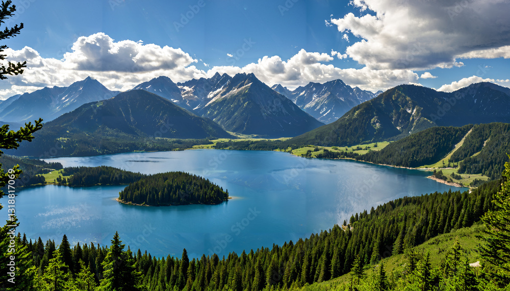 Naklejka premium Le paysage montagneux avec un lac et des arbres