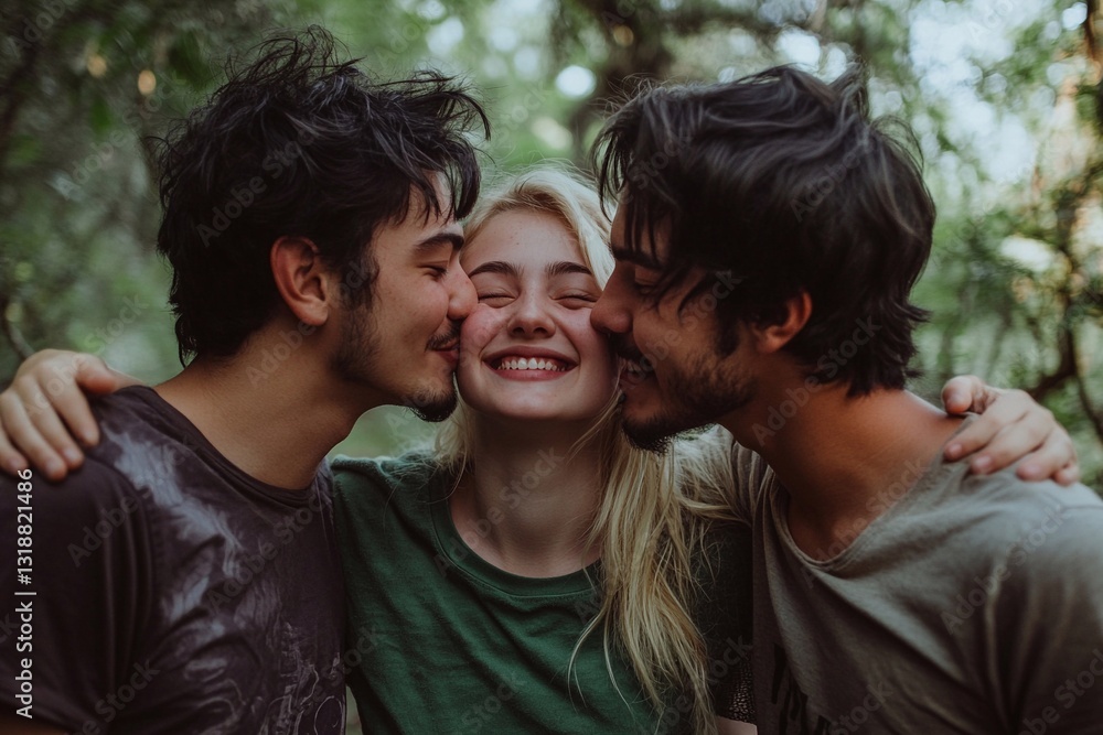 Friends enjoying happy moments in a lush forest surrounded by nature's beauty Friends enjoying happy moments in a lush forest surrounded by nature's beauty