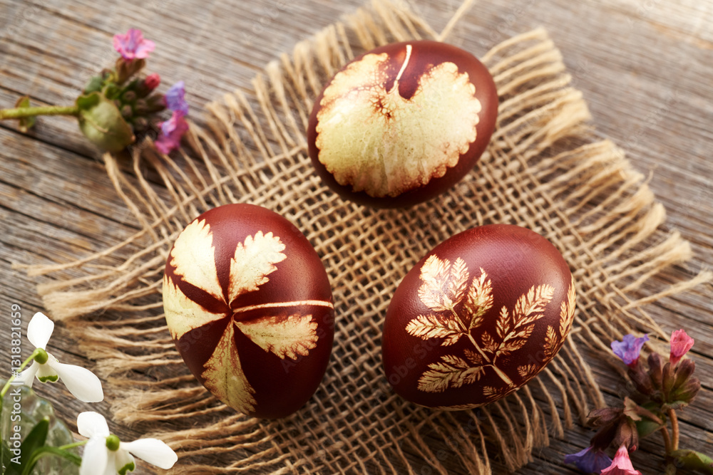 Brown Easter egg dyed with onion peels with a pattern of fresh leaves with spring flowers Brown Easter egg dyed with onion peels with a pattern of fresh leaves with spring flowers