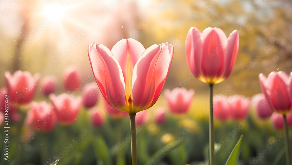 beautiful pink Tulip on blurred spring sunny background. bright pink tulip flower background for spring or love concept. beautiful natural spring scene, texture for design, copy space. banner beautiful pink Tulip on blurred spring sunny background. bright pink tulip flower background for spring or love concept. beautiful natural spring scene, texture for design, copy space. banner