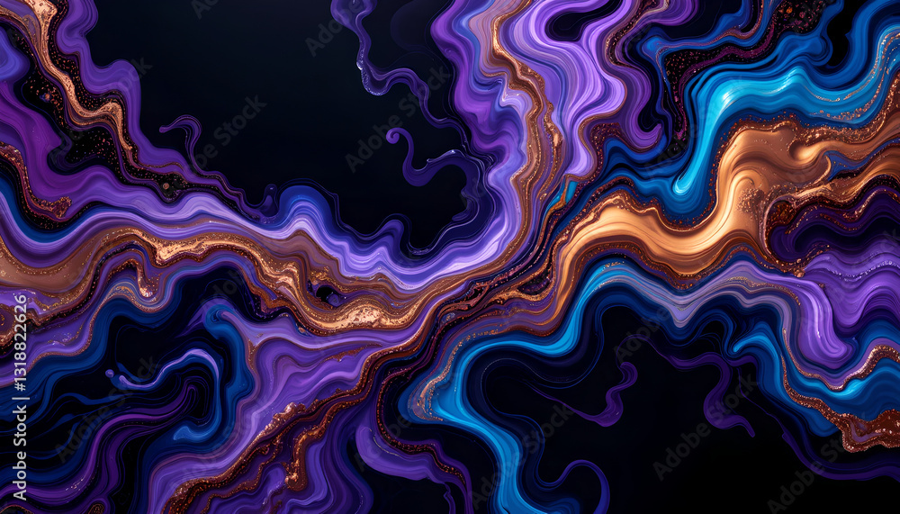 abstract liquid art piece featuring a mix of glowing purple, cyan, and golden hues, organic patterns. The high contrast between the vivid colors and deep black background abstract liquid art piece featuring a mix of glowing purple, cyan, and golden hues, organic patterns. The high contrast between the vivid colors and deep black background