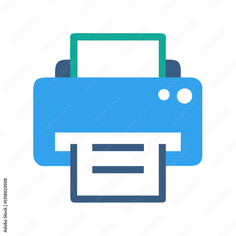 Blue and white office printer with paper output Blue and white office printer with paper output