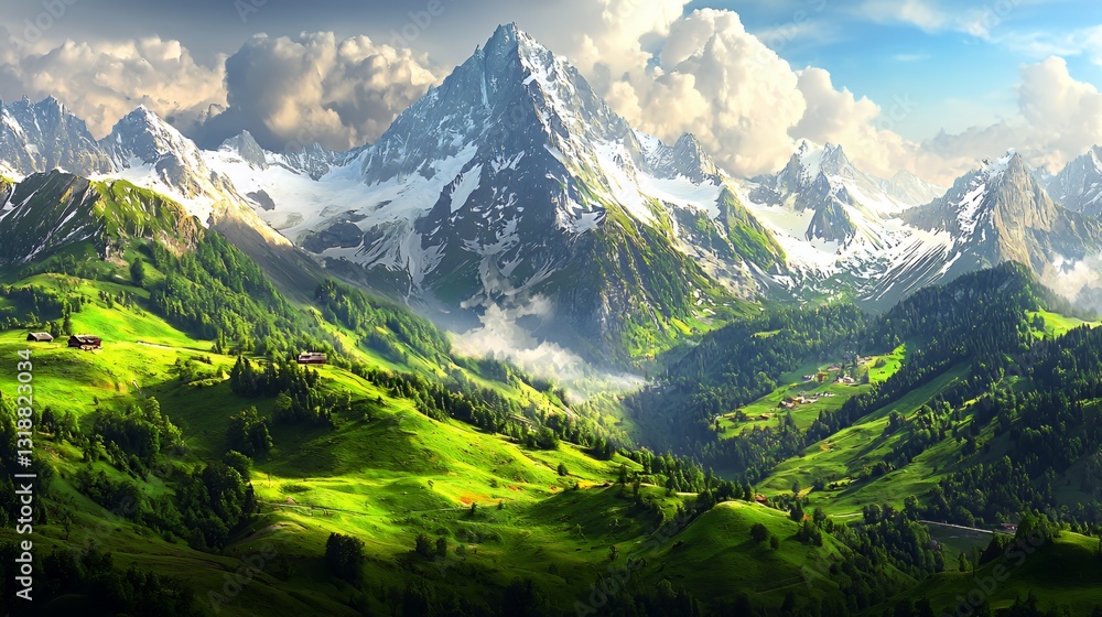 Fototapeta premium Majestic Snow-Capped Alpine Mountains and Lush Green Valley