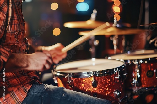 Musician passionately playing drums in a professional recording studio, immersed in rhythm and sound