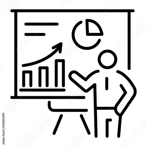A character giving presentation on board, line style icon 