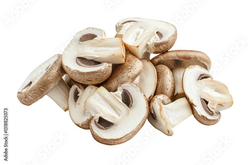 Sliced brown mushrooms, pile, isolated, studio