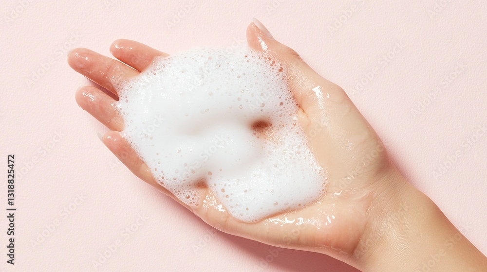 Fototapeta premium Hand holding foamy doughnut on pink background