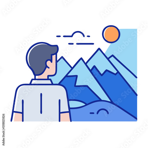Man with contemplative mood looking at mountains and sun in a soft color background