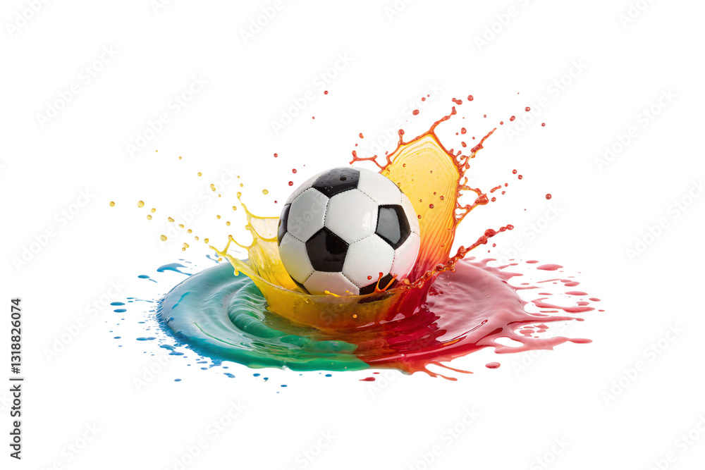 Naklejka premium A black-and-white soccer ball lands in a pool of multicolored paint, creating a dynamic explosion of red, yellow, green, and blue hues, isolated on a transparent background