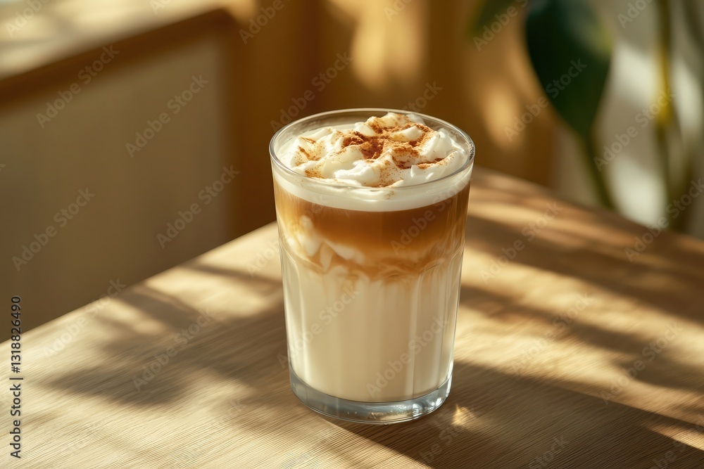 Refreshing iced latte placed on a wooden table, designed as a creative banner with copy space Refreshing iced latte placed on a wooden table, designed as a creative banner with copy space