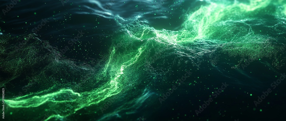 Mystical glowing green lines illuminate dark surface during night time in a tranquil environment Mystical glowing green lines illuminate dark surface during night time in a tranquil environment