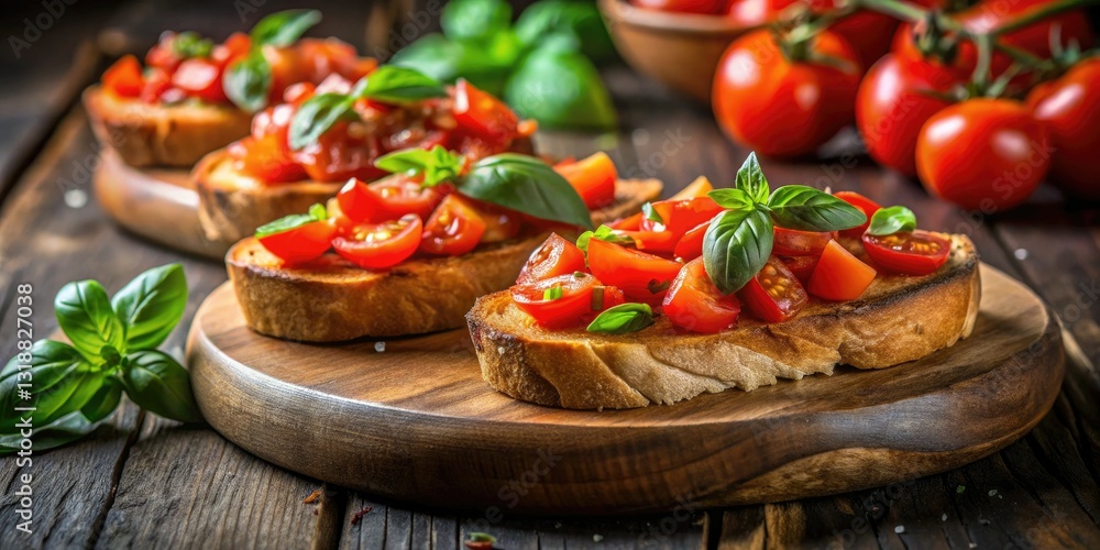 Dark wood backdrop, vibrant tomatoes, fresh basil: minimalist bruschetta perfection. Dark wood backdrop, vibrant tomatoes, fresh basil: minimalist bruschetta perfection.