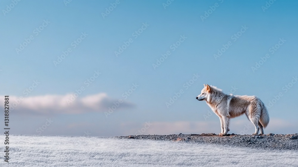Naklejka premium White and Brown Dog on Snowy Hilltop Under Blue Sky