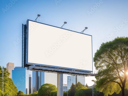 Wallpaper Mural A large billboard with a blank white surface stands in a city park, surrounded by trees and buildings, with the sun shining through the foliage. Torontodigital.ca