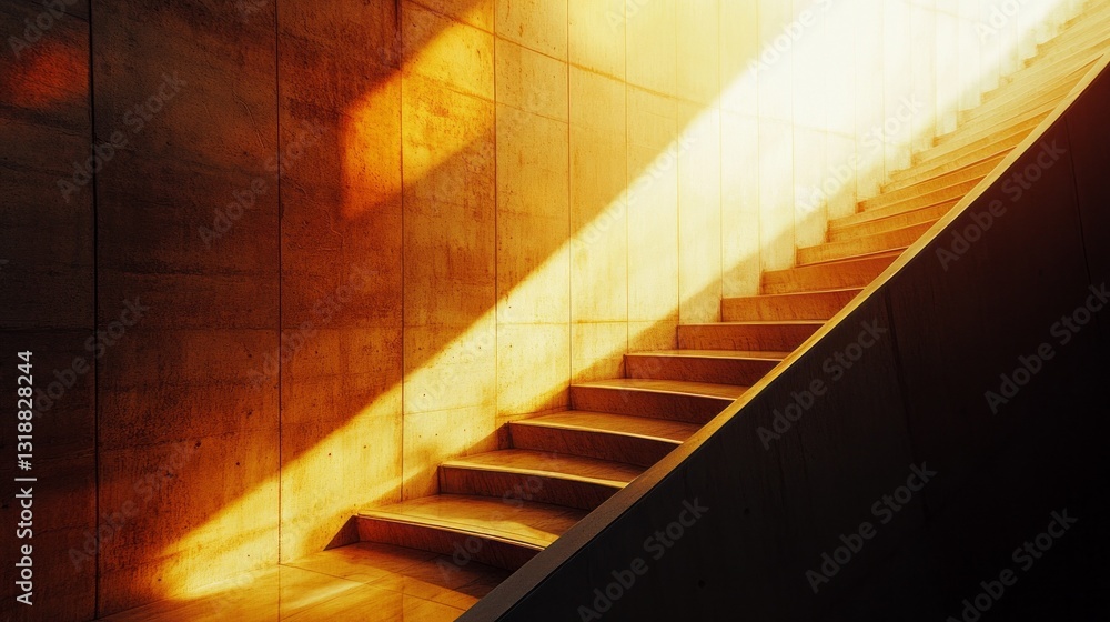 Obraz premium Sunlight streams through a large opening, illuminating a sleek concrete staircase. The warm tones create a tranquil atmosphere, inviting exploration and reflection in this contemporary setting