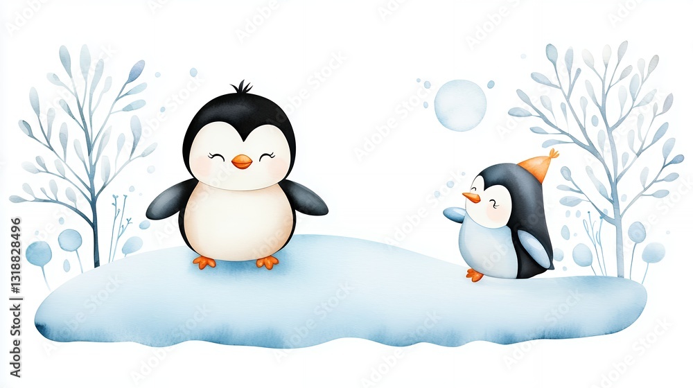 Obraz premium Two Cute Penguins Playing in a Winter Watercolor Scene