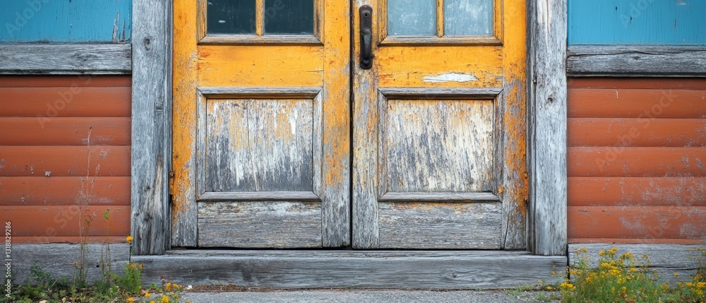 Weathered Schoolhouse Door: Time-worn Entrance with Peeling Yellow Paint Weathered Schoolhouse Door: Time-worn Entrance with Peeling Yellow Paint