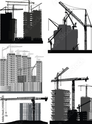 five unfinished buildings silhouettes isolated on white