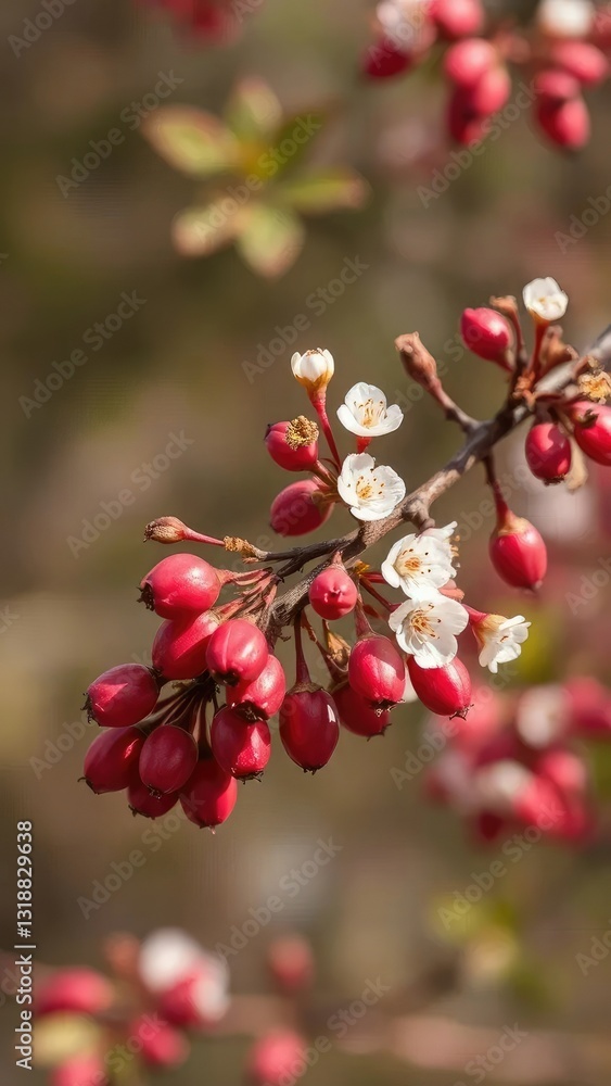 Early Spring Branch with dry rose hips and blossoms, foliage, blossom Early Spring Branch with dry rose hips and blossoms, foliage, blossom