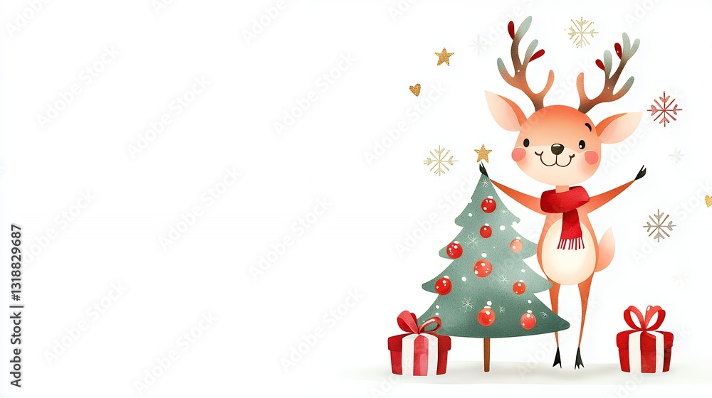 Smiling Reindeer with Christmas Tree and Gifts Watercolor Illustration Smiling Reindeer with Christmas Tree and Gifts Watercolor Illustration
