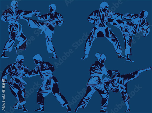 hand-to-hand fighters isolated on blue eight sketches