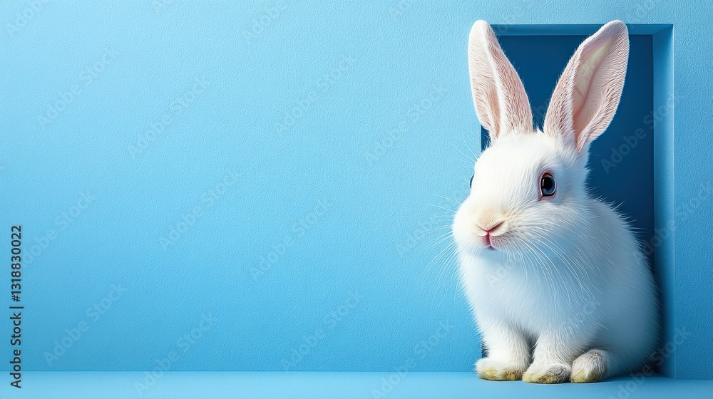 Obraz premium Cute white rabbit peeking from a blue hole