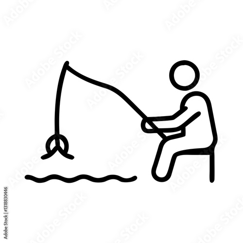 Person fishing from a chair and catching a fish in a line drawing, outdoor recreation concept