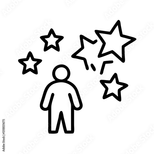 Person surrounded by stars in a line drawing, wonder and exploration concept