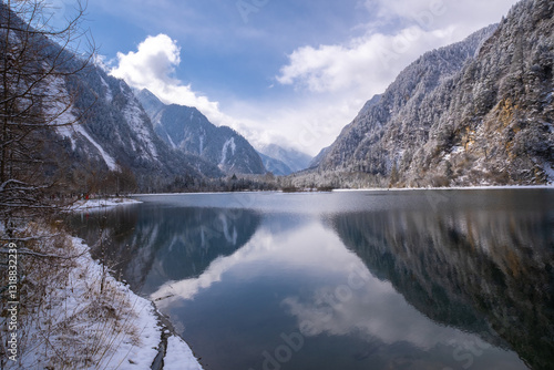 Obraz na płótnie Bipenggou National Park in Sichuan China, is a natural reserve blessed with typical alpine views, including virgin forest, plateau lakes, glaciers, snow mountains, tinkling streams and waterfalls w salonie