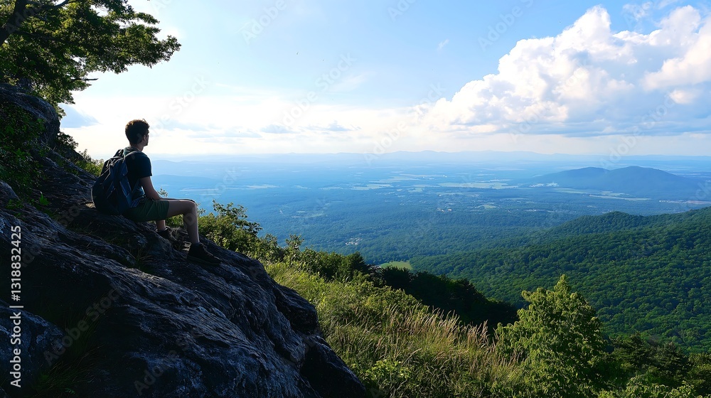 Hiker rests on rocky ledge overlooking vast valley at sunset Hiker rests on rocky ledge overlooking vast valley at sunset