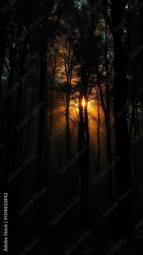 Dark mysterious forest with black trees and golden sun rays filtering through leaves, eerie atmosphere, nature Dark mysterious forest with black trees and golden sun rays filtering through leaves, eerie atmosphere, nature