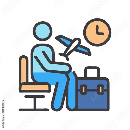Person waiting with a suitcase and airplane overhead in a colorful illustration, travel and anticipation concept