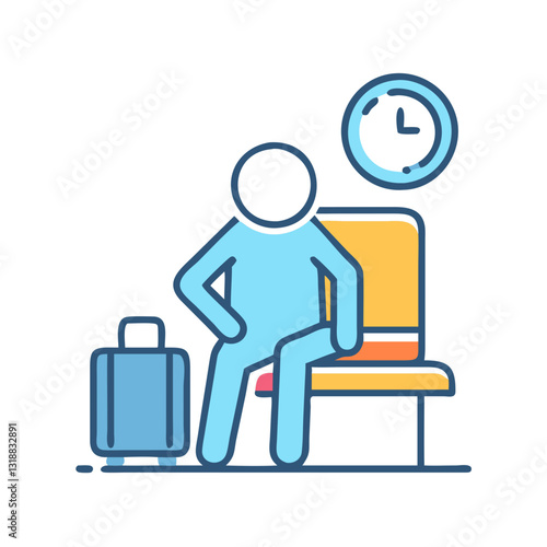 Person waiting with a suitcase and clock in a colorful illustration, travel and anticipation concept