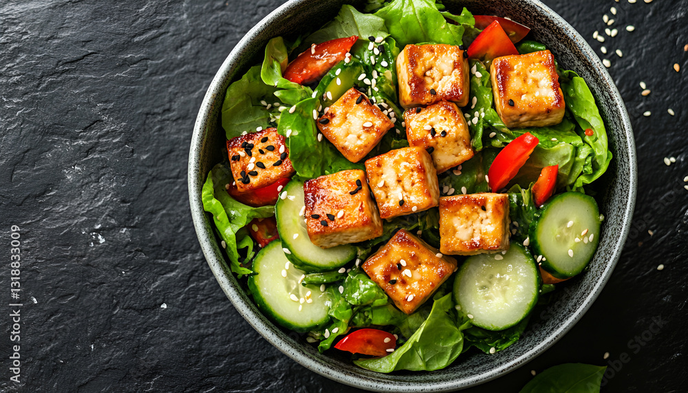 Fried Tofu Salad with Cucumbers and Sesame Seeds. Homemade asian vegetable and tofu salad in ceramic bowl on black stone background. Healthy asian diet vegan vegetarian salad food Fried Tofu Salad with Cucumbers and Sesame Seeds. Homemade asian vegetable and tofu salad in ceramic bowl on black stone background. Healthy asian diet vegan vegetarian salad food