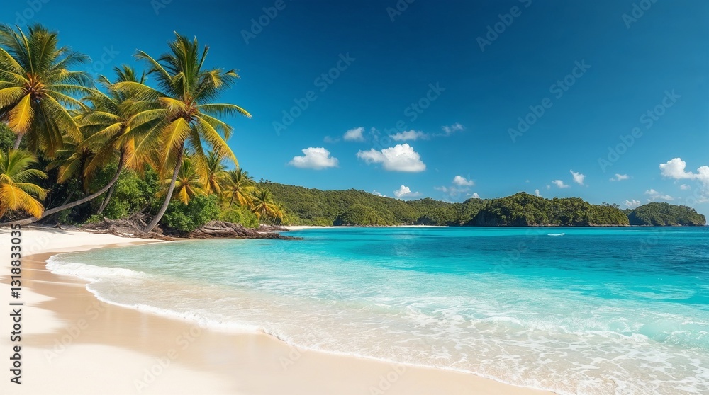 Fototapeta premium Tropical paradise with pristine white sand beach, turquoise waters and lush palm trees for travel, vacation blogs, print media