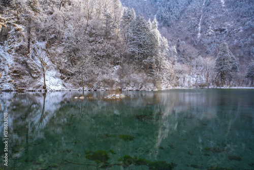 Obraz na płótnie Bipenggou National Park in Sichuan China, is a natural reserve blessed with typical alpine views, including virgin forest, plateau lakes, glaciers, snow mountains, tinkling streams and waterfalls w salonie