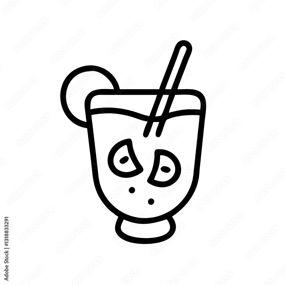 Glass of refreshing drink with fruit slices and straw in a line drawing, beverage concept Glass of refreshing drink with fruit slices and straw in a line drawing, beverage concept
