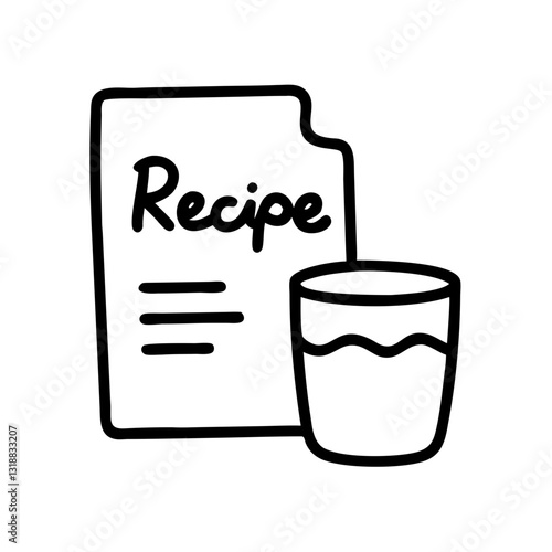Recipe card and glass of beverage in a line drawing, cooking and drinks concept