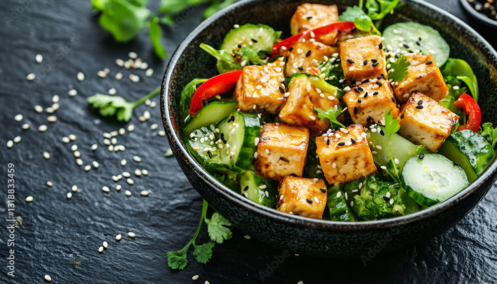 Fried Tofu Salad with Cucumbers and Sesame Seeds. Homemade asian vegetable and tofu salad in ceramic bowl on black stone background. Healthy asian diet vegan vegetarian salad food Fried Tofu Salad with Cucumbers and Sesame Seeds. Homemade asian vegetable and tofu salad in ceramic bowl on black stone background. Healthy asian diet vegan vegetarian salad food