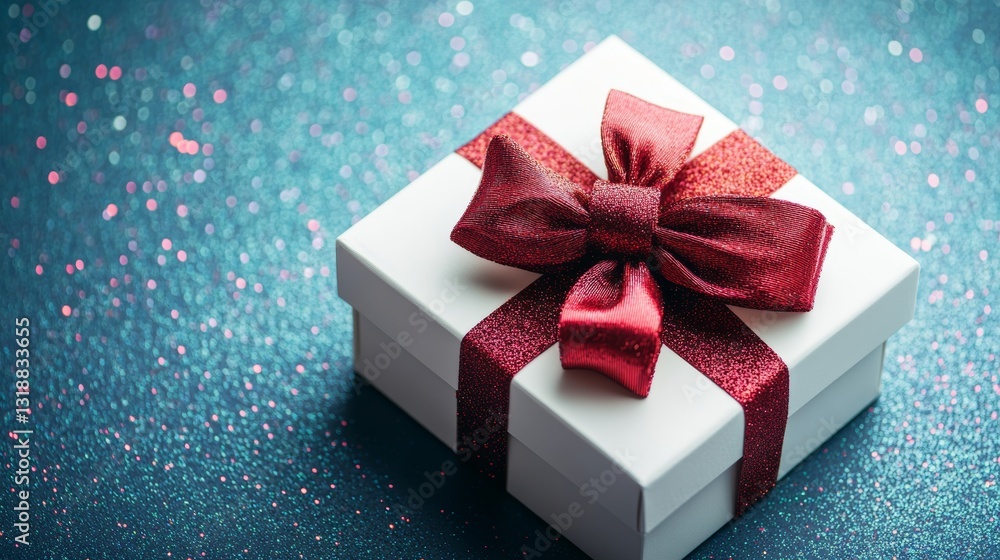Gift Box with Red Bow on Sparkling Blue Gift Box with Red Bow on Sparkling Blue