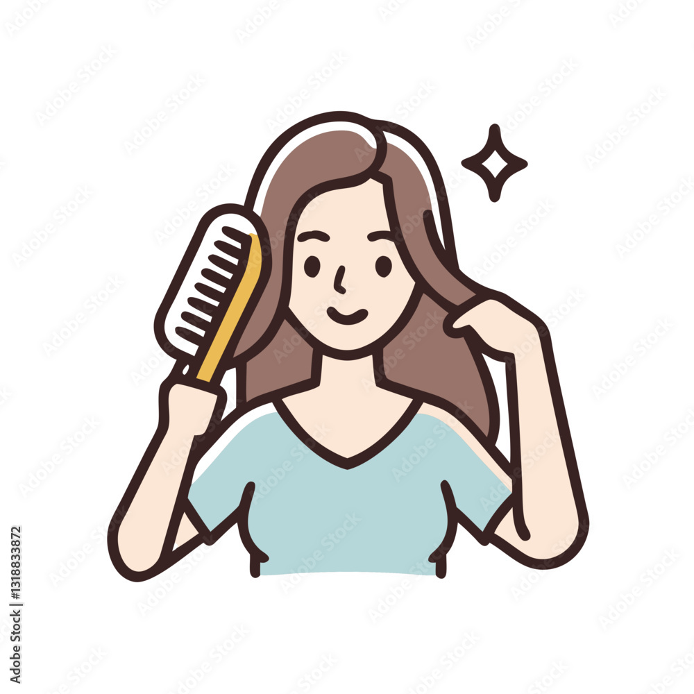 Woman combing her hair with a smile in a colorful illustration, personal care concept Woman combing her hair with a smile in a colorful illustration, personal care concept